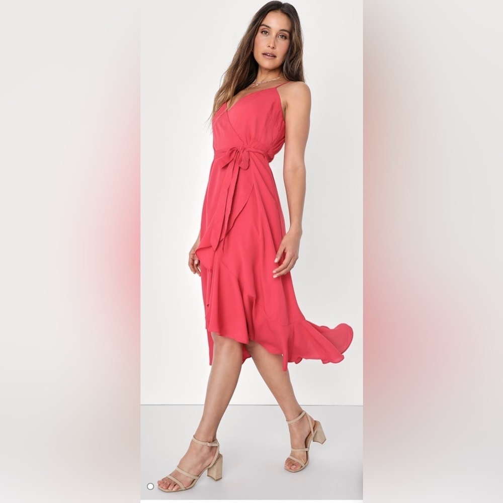 Lulu’s Manhattan Moment Berry Pink Ruffled Midi Wrap Dress